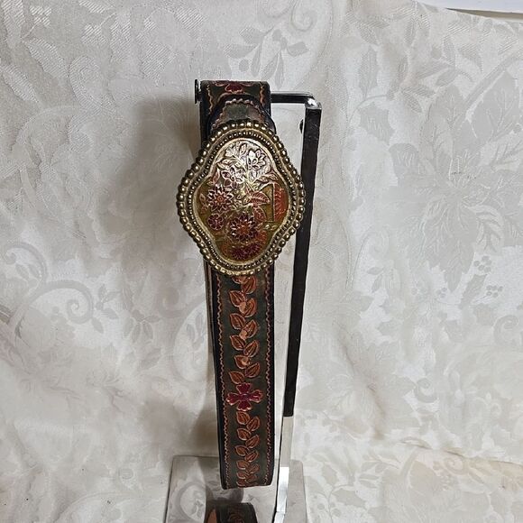 Lee Bernay Vintage 60s 70s Embossed Leather Belt with Ornate Metal Buckle - Picture 1 of 7